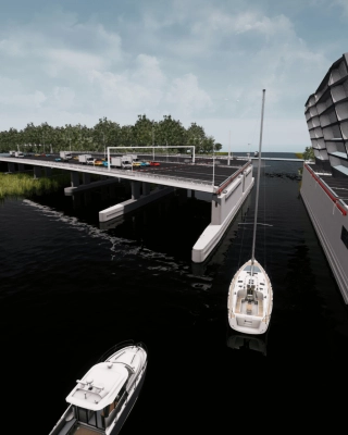 Hoge scheepvaart passeren Schipholbrug A9 - render