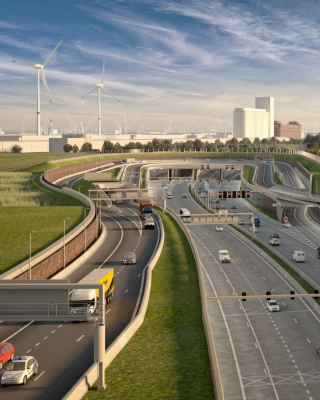 Illustratie van het nieuwe Oosterweelknooppunt in Antwerpen met verdiepte wegen, op- en afritten en groene landschappelijke inrichting