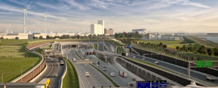 Illustratie van het nieuwe Oosterweelknooppunt in Antwerpen met verdiepte wegen, op- en afritten en groene landschappelijke inrichting