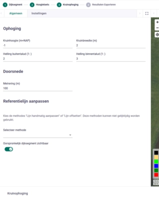 Schermafbeelding van de kadeophogingsapplicatie met kaartweergave, dijksegmenten, hoogtedata en ontwerpinstellingen, waarmee ontwerpvarianten voor kade- en dijkversterkingen snel worden verkend.