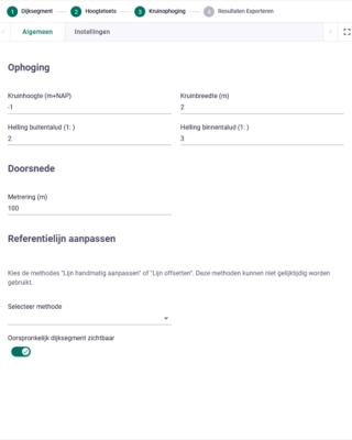 Schermafbeelding van de kadeophogingsapplicatie met kaartweergave, dijksegmenten, hoogtedata en ontwerpinstellingen, waarmee ontwerpvarianten voor kade- en dijkversterkingen snel worden verkend.