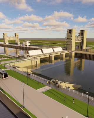 3D-visualisatie van de nieuwe waterkering met sluis- en stuwdeuren nabij Calamar in Canal del Dique