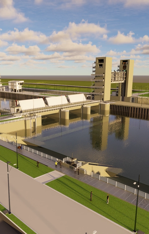 3D-visualisatie van de nieuwe waterkering met sluis- en stuwdeuren nabij Calamar in Canal del Dique
