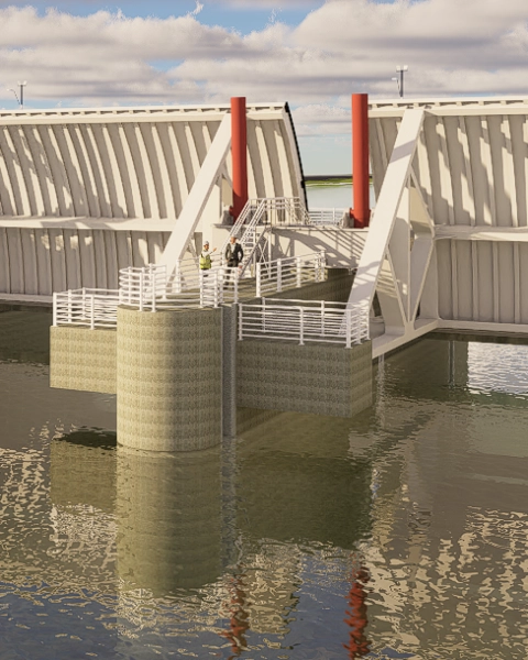 3D-visualisatie van drie beweegbare segmentdeuren in het project Canal del Dique